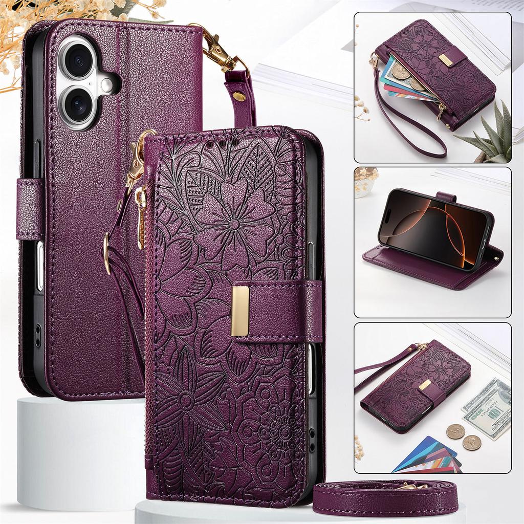 Crossbody Zipper Cards Solt Wallet Leather Embossed Flower Case For iPhone 16 Pro Max 15 Plus 14 13 12 Long Lanyard Book Cover