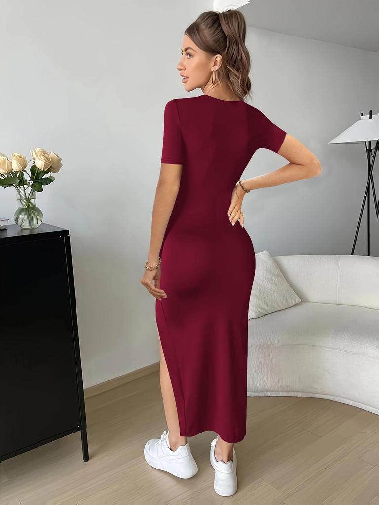 Side Slit Long Dress - Solid Color, Spring/Autumn, European & American Style, Tight Fit, Elastic Base