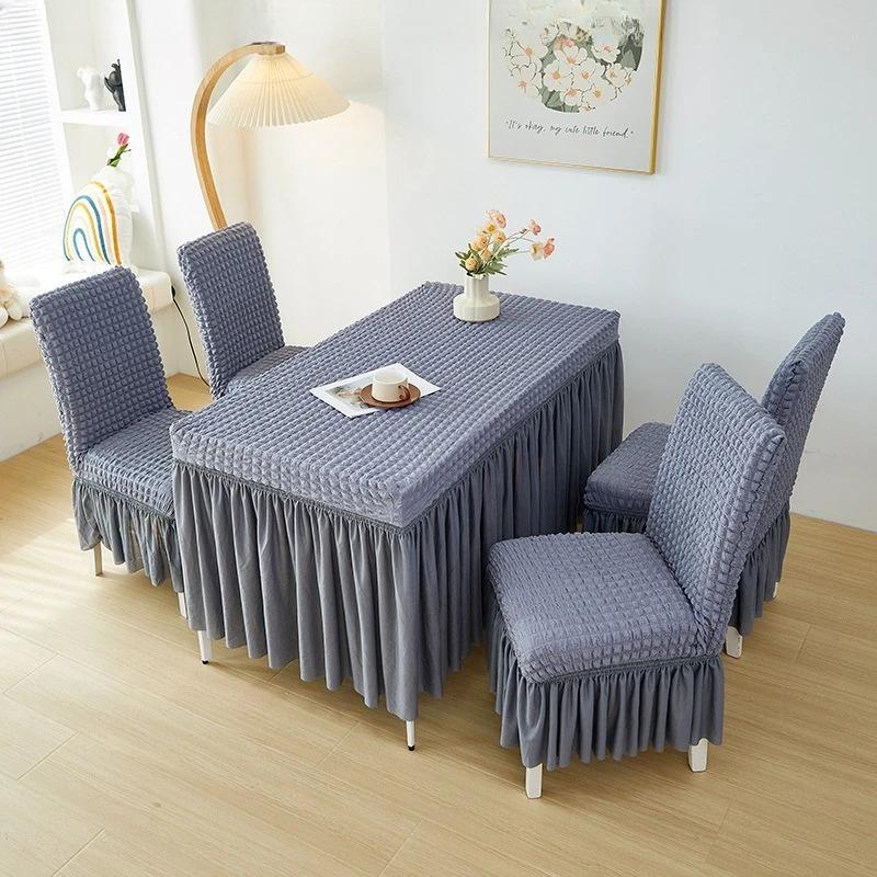 French Style Seersucker Table Cloth with Skirt Stretch Rectangular Anti-Dust Dining Table Cover Removable Washable Home Decor