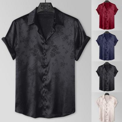 Summer Men Shirt Turn-down Collar Single-breasted Short Sleeve Loose Solid Color Satin Applique Button Casual Daily Wear Mid Length Top