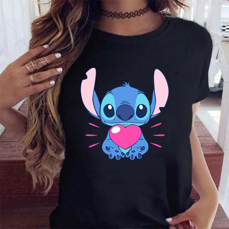 New Fashion FeUnisex Clothing Cartoon Disney Stitch Womens Tshirt Summer Short Sleeve Black Tops