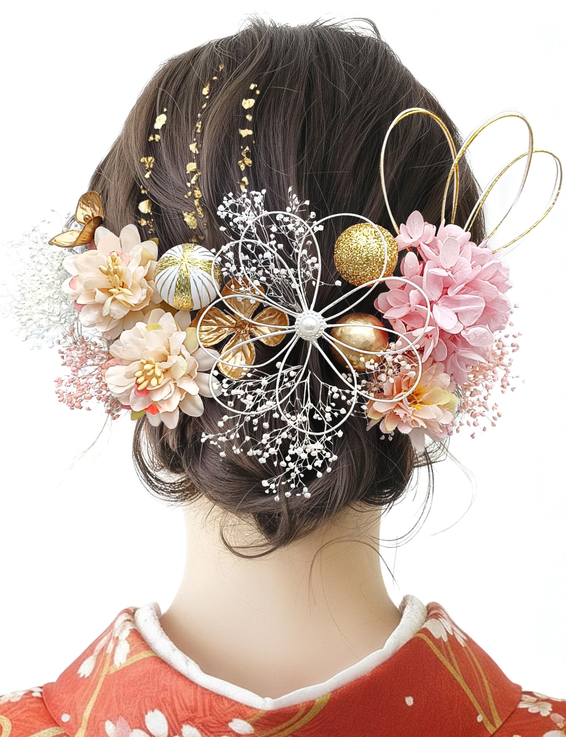 

[JZOON] Coming-of-Age Ceremony Hair Ornament with Gold Leaf, Dried Flowers, Dahlia, Graduation Ceremony, Hakama, Furisode, Kimono, Yukata, Japanese