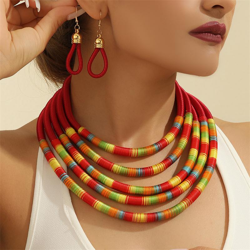 African Jewelry Set for Women Necklace Earrings Multi-layer Woven Choker Bridal Wedding Accessories