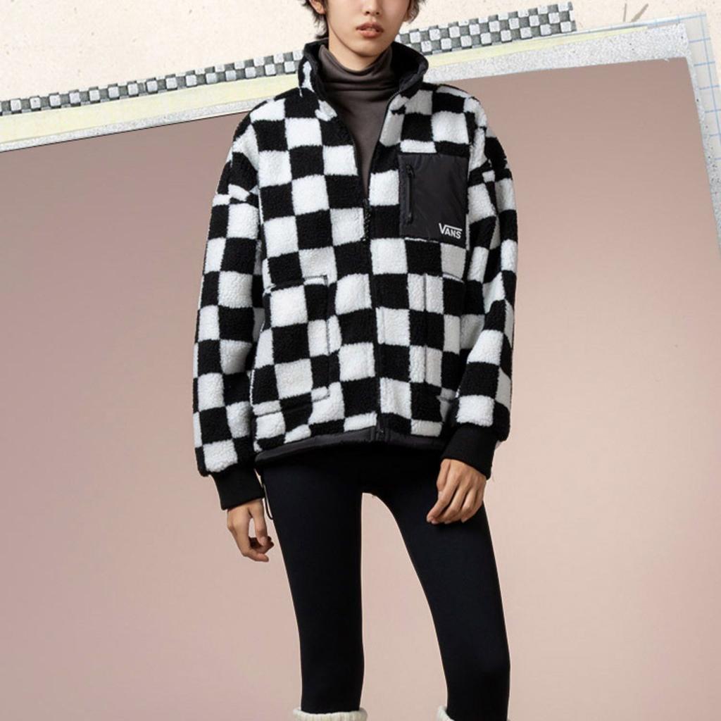 Vans Checkered Stand Collar Zip Fleece Jacket Women Jackets Black White VN000H0RCY4