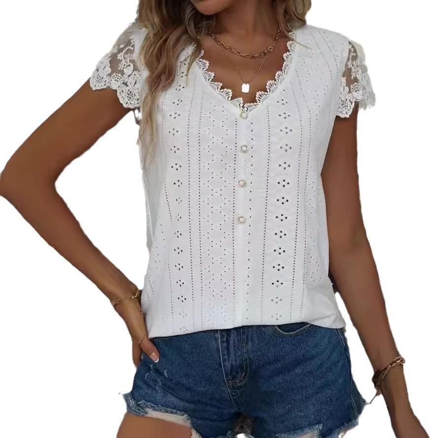 

Women s Elegant V-Neck Blouse with Lace Trim and Pearl Buttons Casual Feminine Top S белый