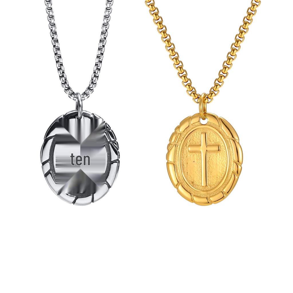Men's Double-Sided Cross Oval Pendant Necklace In Titanium Stainless Steel, Steel Color, Quanxi Water Design (Model: PN-1808)