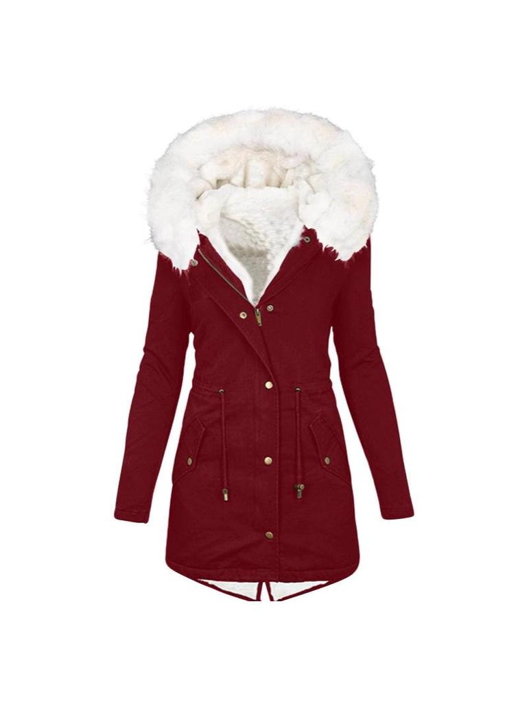Women's Hooded Mid-Length Coat with Fur Collar and Waist Cinching - Plus Size, Thick, Cotton Padded for Autumn and Winter.