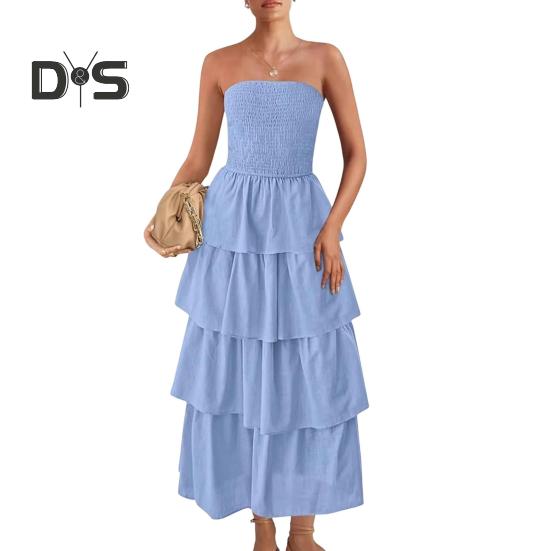 

Женское платье без бретелек с открытыми плечами, без рукавов, без спинки, пляжное платье с многослойными оборками, разбросанным подолом, платье для отпуска, эластичное платье макси с облегающей грудью XL озеро синий