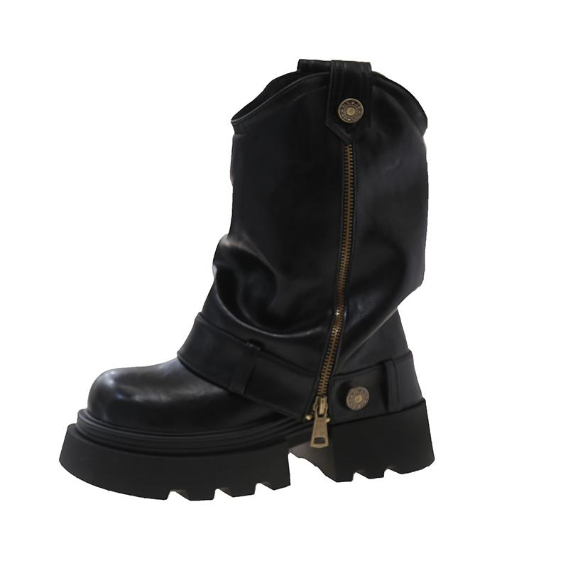 

Женские высокие сапоги на платформе, челси, толстый каблук, короткие плюшевые зимние ботинки до середины голени, зимние трендовые кожаные ботинки на молнии в готическом стиле 2025 года 35