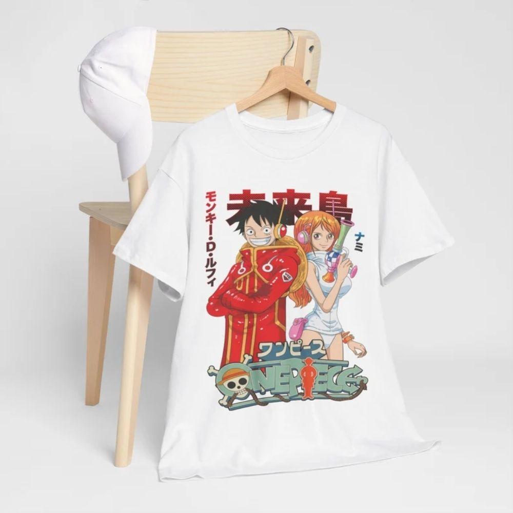

Summer 2026 One Piece The Island of The Future Luffy Nami Theme 100 Cotton Print Loose Tshirt Malefemale Parent Top S
