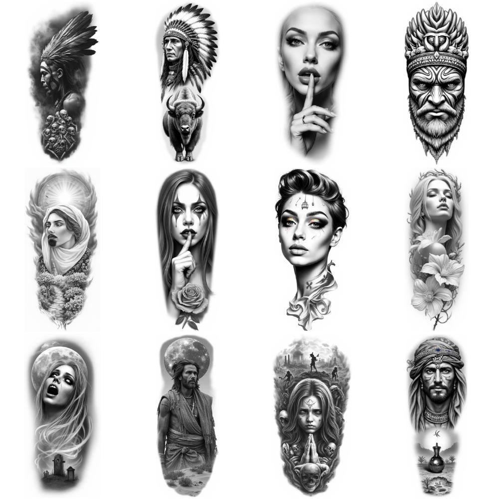 12 ks dočasné tetování černošedé realistické tetování starověké sochy domorodé tetování havraní tetování pro muže paže stehna