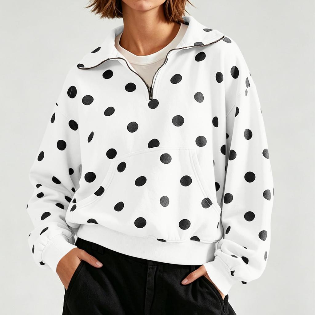 Women's Long Sleeve Half Zip Polka Dot Sweatshirt