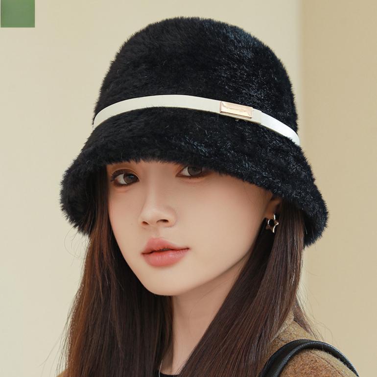 

Удосконалена жіноча осінь-зима шапка-басейн з пряжкою на поясі з хутром норки Корейський елегантний темперамент богині, суцільний колір, тепла шапка рибалки M（56-58cm）