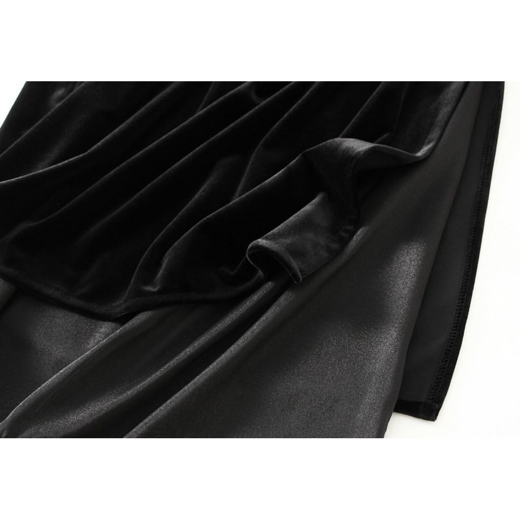 Qooth Women Velvet Split Splicing Skirt Mid Length Elastic Waist Casual Skirt QT2733
