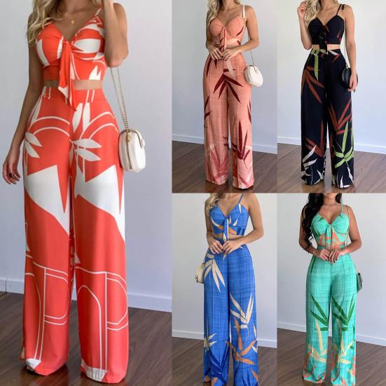 

2 шт./компл. женский наряд с v-образным вырезом и открытой спиной, легкие брюки на бретельках с растительным принтом, костюм для повседневной носки