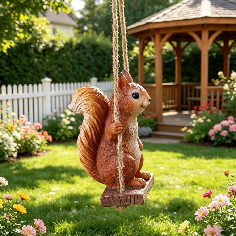 Resin Squirrel On Swing Weatherproof Squirrel Figurine Garden Decoration Indoor