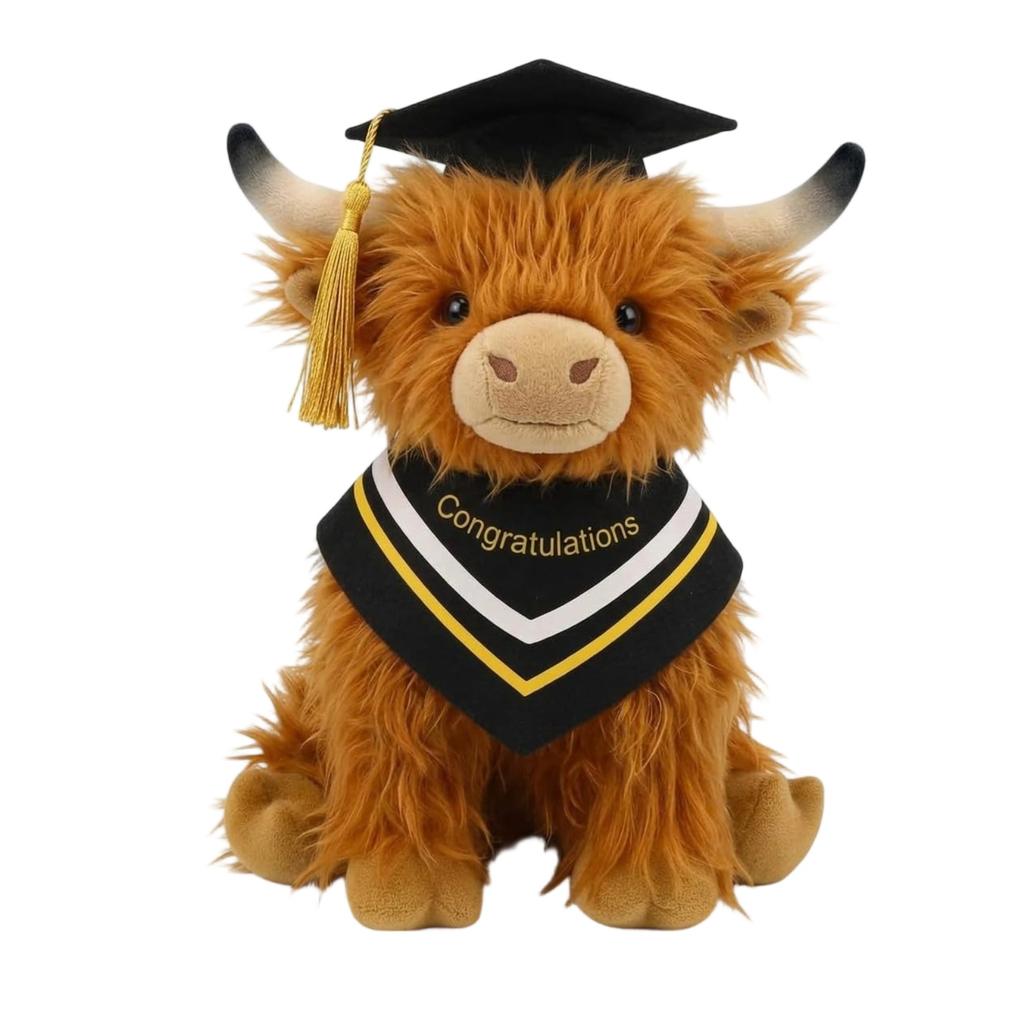 Plush Graduation Highland Cow Stuffed Animal Soft Plush Toy with Graduation Cap and Congratulations Scarf Ideal for Home Decoration and Play