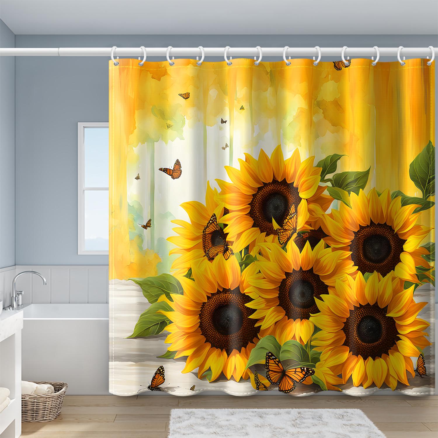 

1Pc Vibrant Yellow Sunflower & Butterfly Print Shower Curtain With Hooks, 100% Polyester, Retro Style, Machine Washable W60H190(CM)-1 Pcs