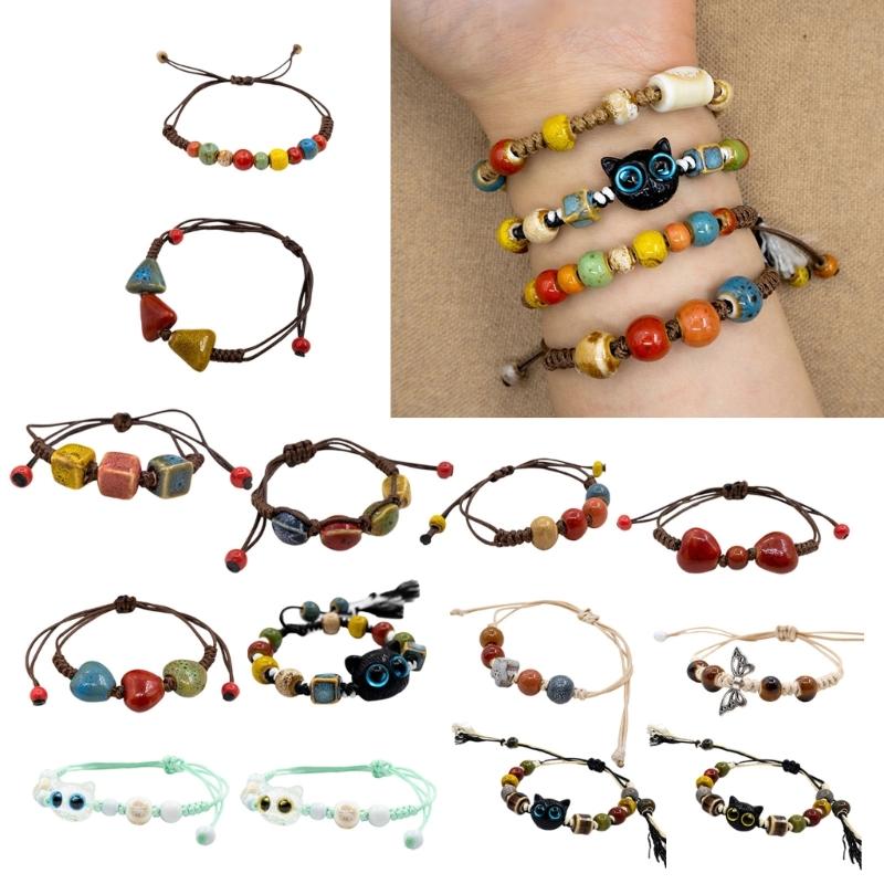 Big Eye Cat Bracelets for Women Men Sweet Cool Heart Ceramic Beaded Bracelet Adjustable Braided Rope Aesthetic Party Jewelry