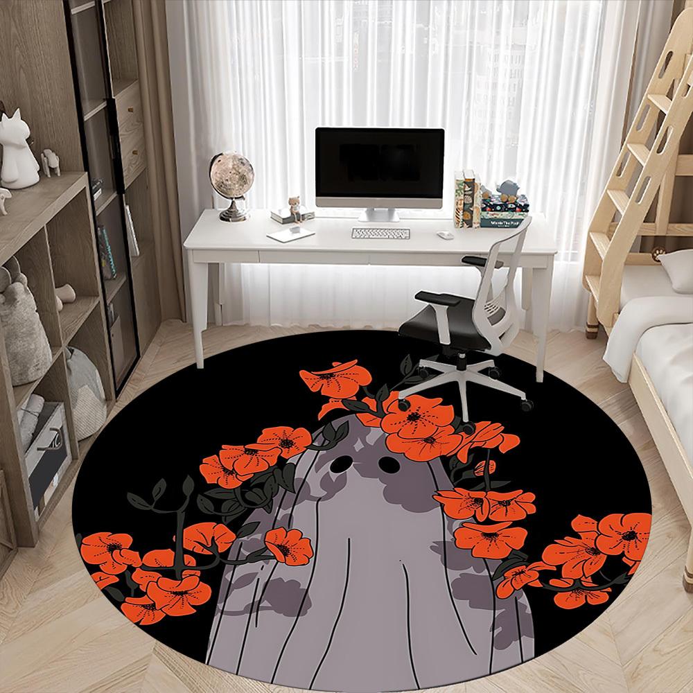 1pc Ghost Flowers Office Round Area Rug, Mat Suitable For Office, Under Office Chairs Bedroom Living Room Home Decor, Room Deco