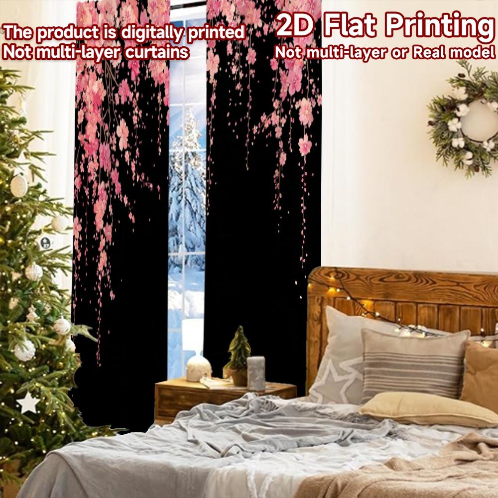 Set Of 2 Flat Printing Curtains Without Rod Cherry Blossoms Popular Drapes Festival Prints Curtain Sheer Made Polyester
