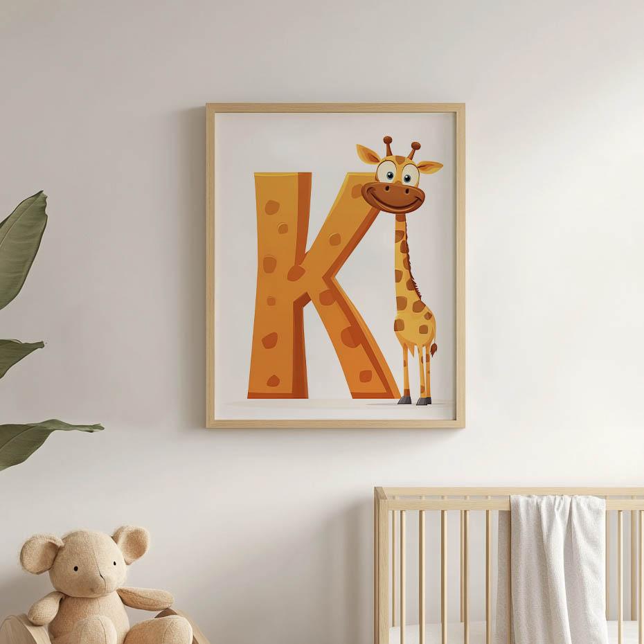 Giraff med bokstaven K - Glad affisch för barn Giraff med bokstaven K - Glad affisch för barn, 30X40 cm, Ram Trä Ljus Ek, Matt papper 230 g