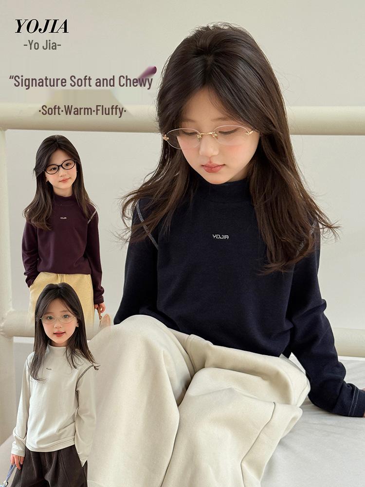 YOJIA Flickors Fleecefodrad Långärmad T-shirt - Halvhög Hals Vinterunderställ 2025 Mode