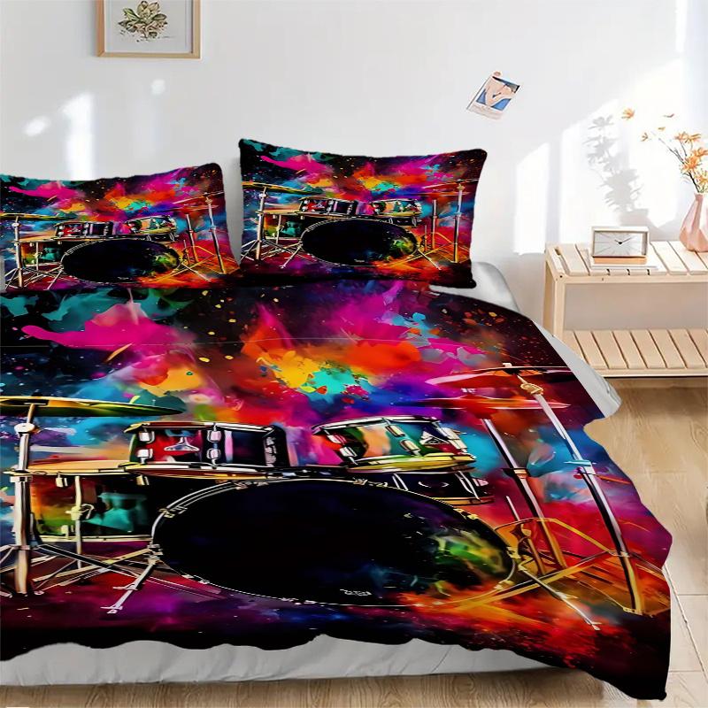 3pcs Colorful Drum Set Print Comforter Set with One Quilt Cover and Two Pillowcases (No Core) - Festival Gift for Home Decor, Anime Cartoon Design, Po