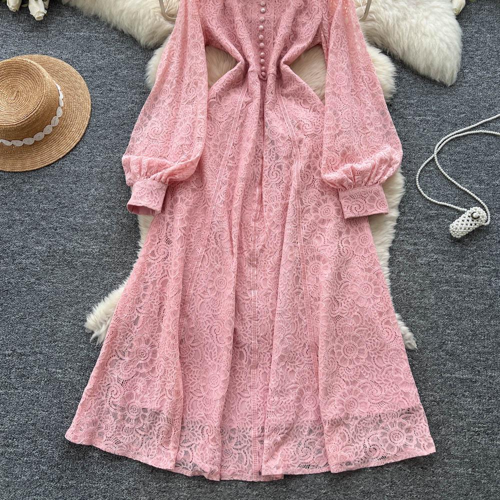 French Court Style Dress Women's Autumn High-end Single-breasted Waist and Thin Temperament Lace Long Dresses