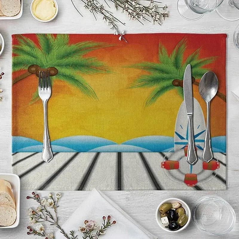 1PC Table Mats for Dining  Seaside Beach Pattern  Placemat Coconut Tree Linen