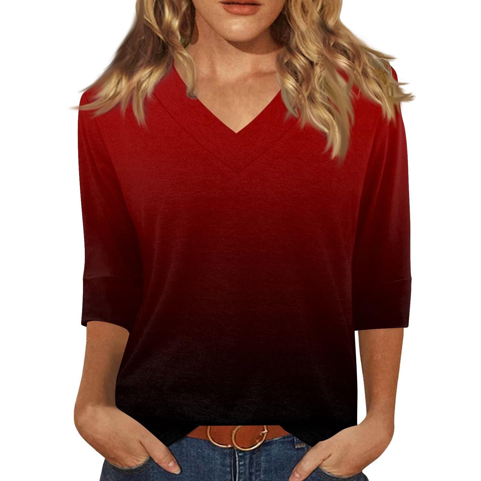 

Жіноча модна повсякденна футболка з V-подібним вирізом і 3/4 рукавами XL винний