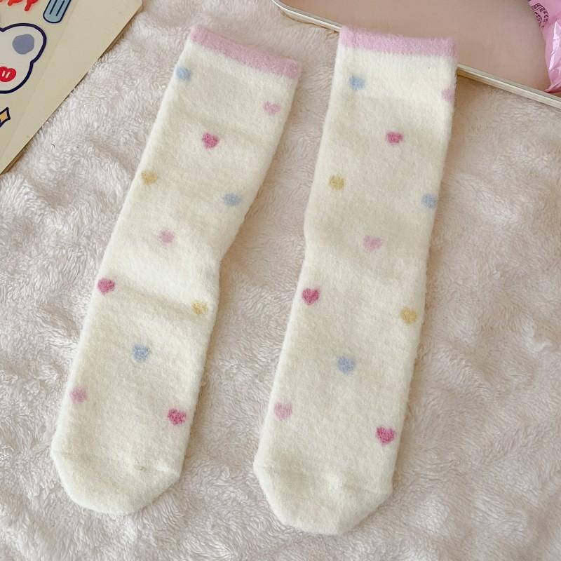Plush Socks, Thick and Warm Mid-calf Socks for Autumn and Winter, Cute Cartoon Pink, Winter Home Furry Sleeping Socks