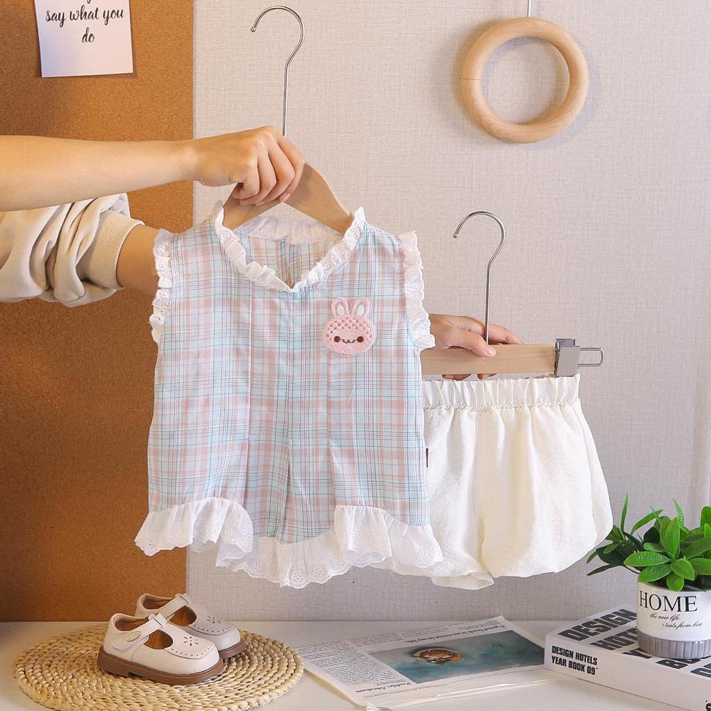 2026 Summer Girls' Stylish Plaid Two-Piece Set with Little Rabbit Lace Sleeveless Design