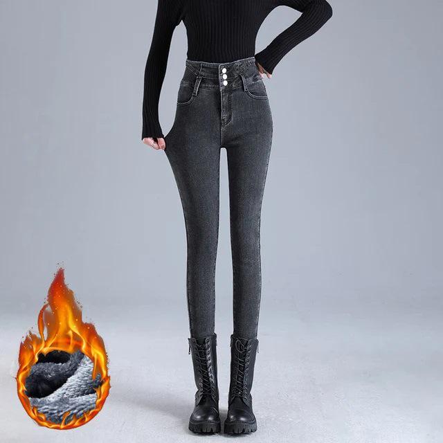 Jeans de Invierno de Felpa y Denim de Cintura Alta para Mujer - Pantalones de Nieve Ajustados, Gruesos y Cálidos para Estudiantes