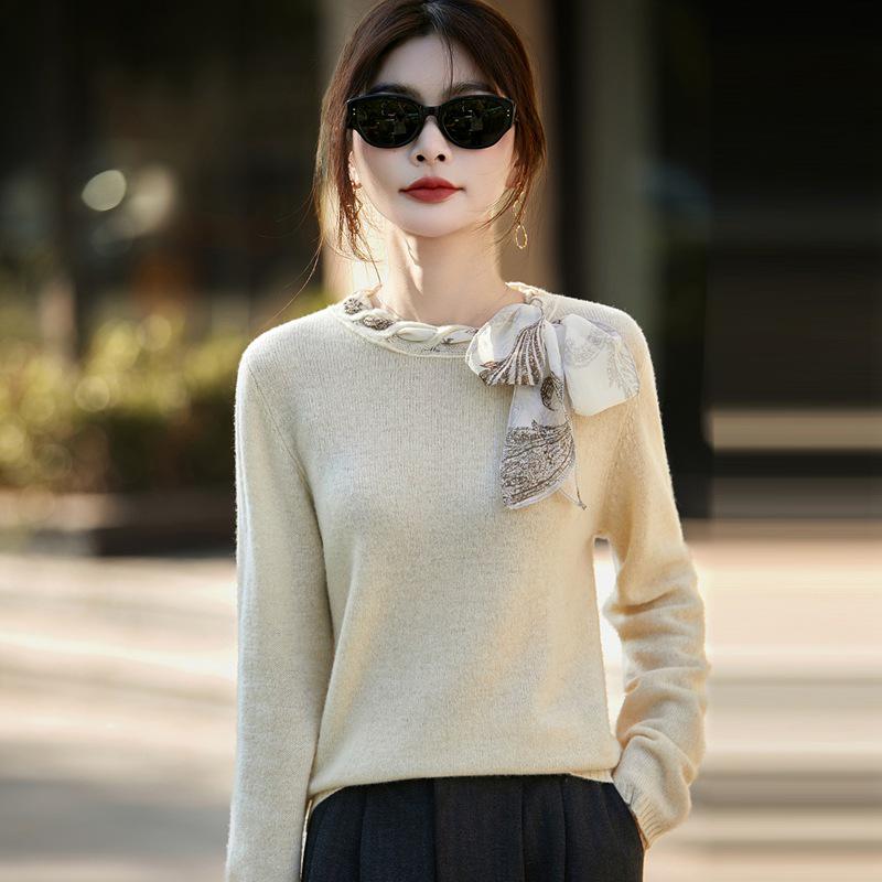 Women's Autumn Winter Wool Sweater: Gentle Style, Flowing Ribbon, Round Neck, Knit Base Layer, Loose Slimming Fit.