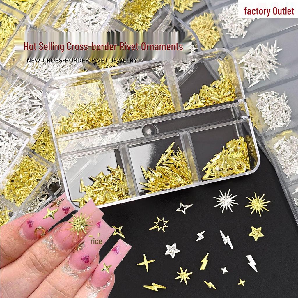 Gold & Silver Starburst Nail Art Set: Cross, Rivets & Lightning Elements