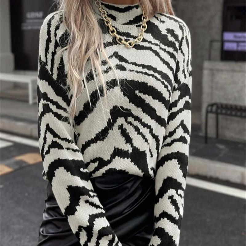 Women S Loose Fit Zebra Print Knitted Sweater Fall Winter