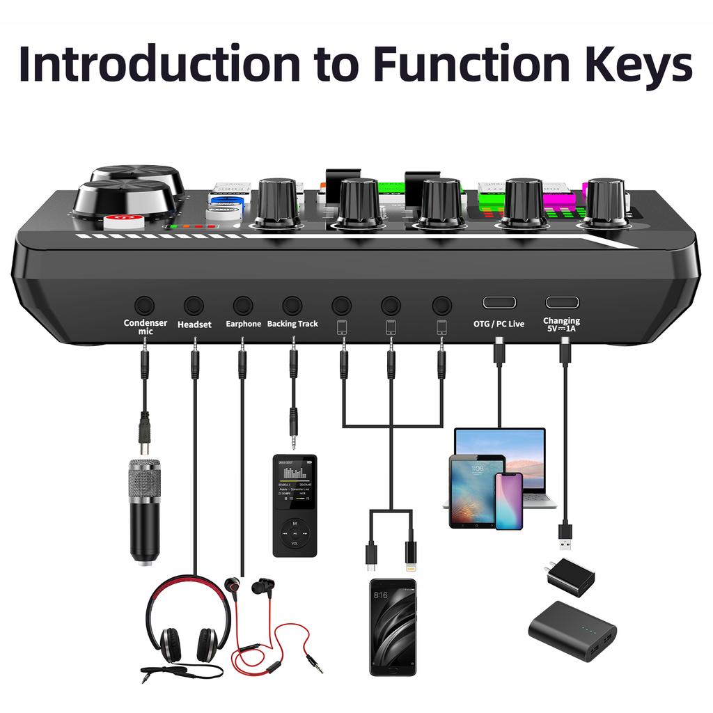 Professional Microphone Mic Bluetooth Sound Mixer Card For PC Condenser USB Wired Digital Live Wireless Soundcard Voice Changer