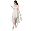 Coffee break French floral suspender dress summer large size design sense irregular front short rear long trailing fairy skirt
