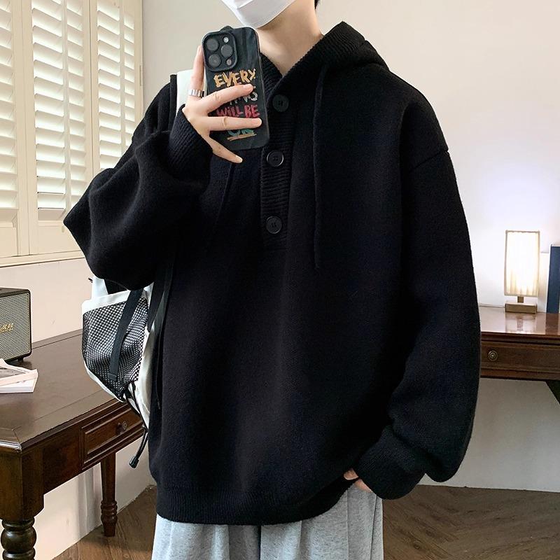 Men s Trendy Autumn/Winter Solid Color Knit Hooded Sweater XL