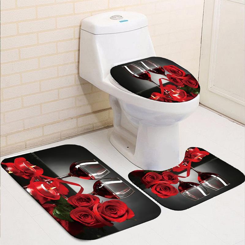 3D Rose Flower Shower Curtain Set Non-Slip Rugs Bath Mat Toilet Lid Cover and 12 Hooks Waterproof Polyester Bathroom Decor