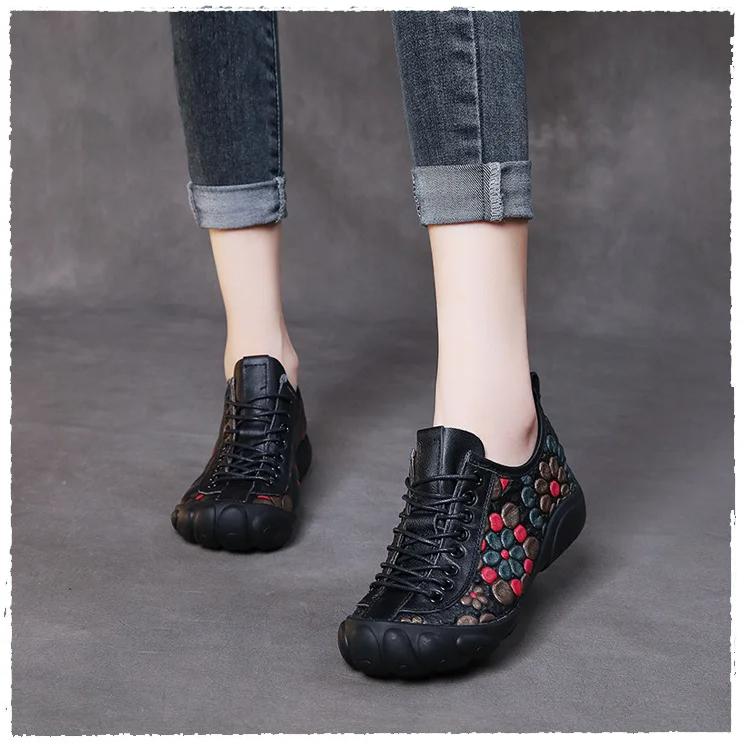 Johnature Ethnic Style Retro Handmade Genuine Leather Soft Soled Shoes Cowhide Lace-up Women's Flat Shoes