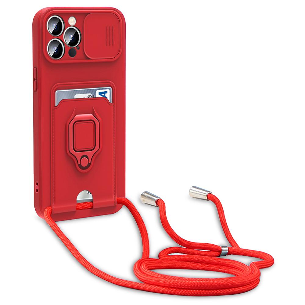 For iPhone 15 Pro Max Case Card Holder PC + TPU Phone Kickstand Cover with Lanyard