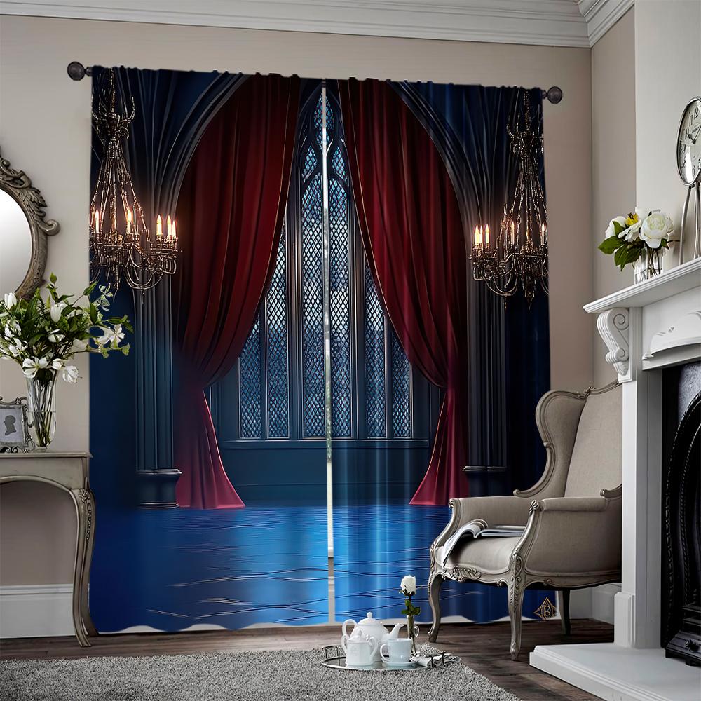 2pcs, 2D flat Drapes Gothic castle print Light Filter Holiday Decorations Use for Various room decor aesthetic