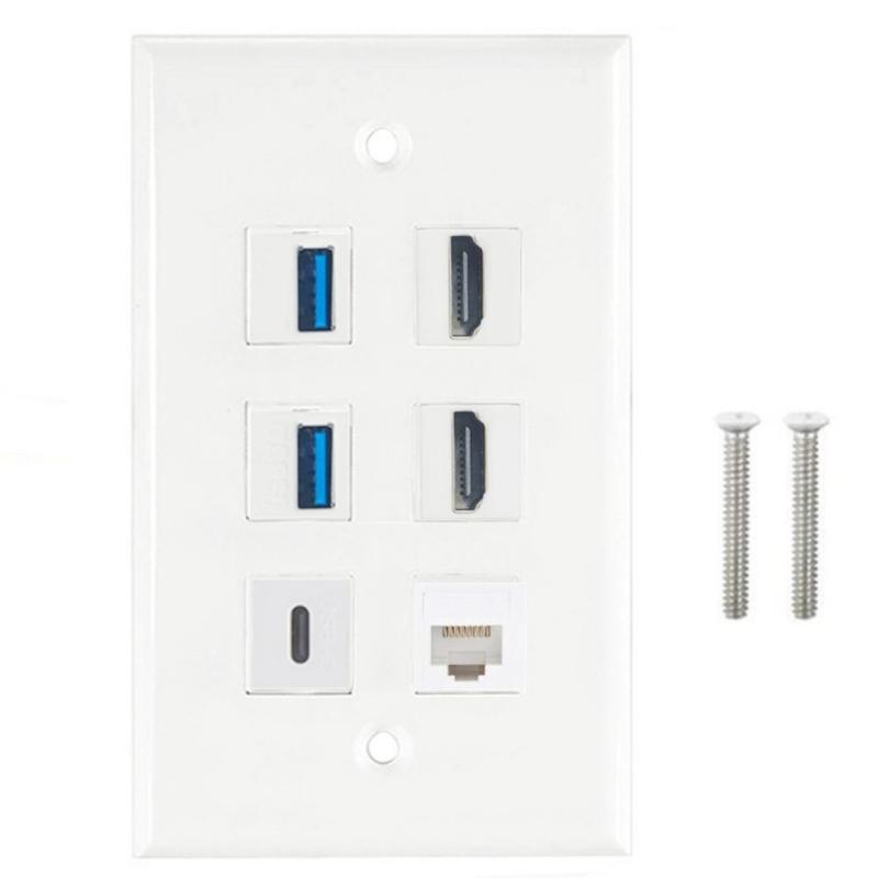

Multi Port Outlet Wall Plate 2x HDTV 2x USB3.0 Type C CAT6 RJ45 6 Port White Decorative Face Panel for Wall Plate 1