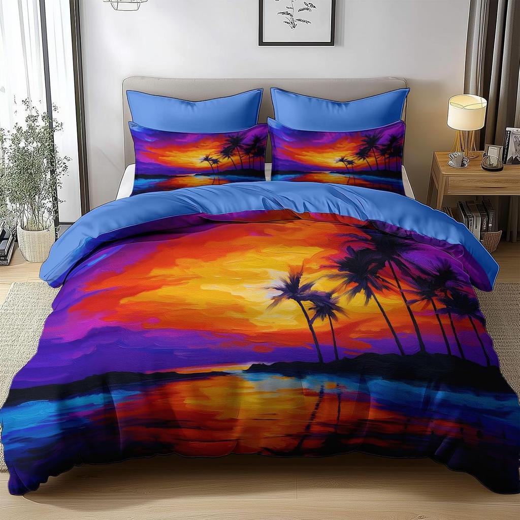 Coastal Anime Bedding Set 230x220cm With 2 Pillowcases 50x75cm Island Sunset Palm Tree Printed Quilt Cover Room