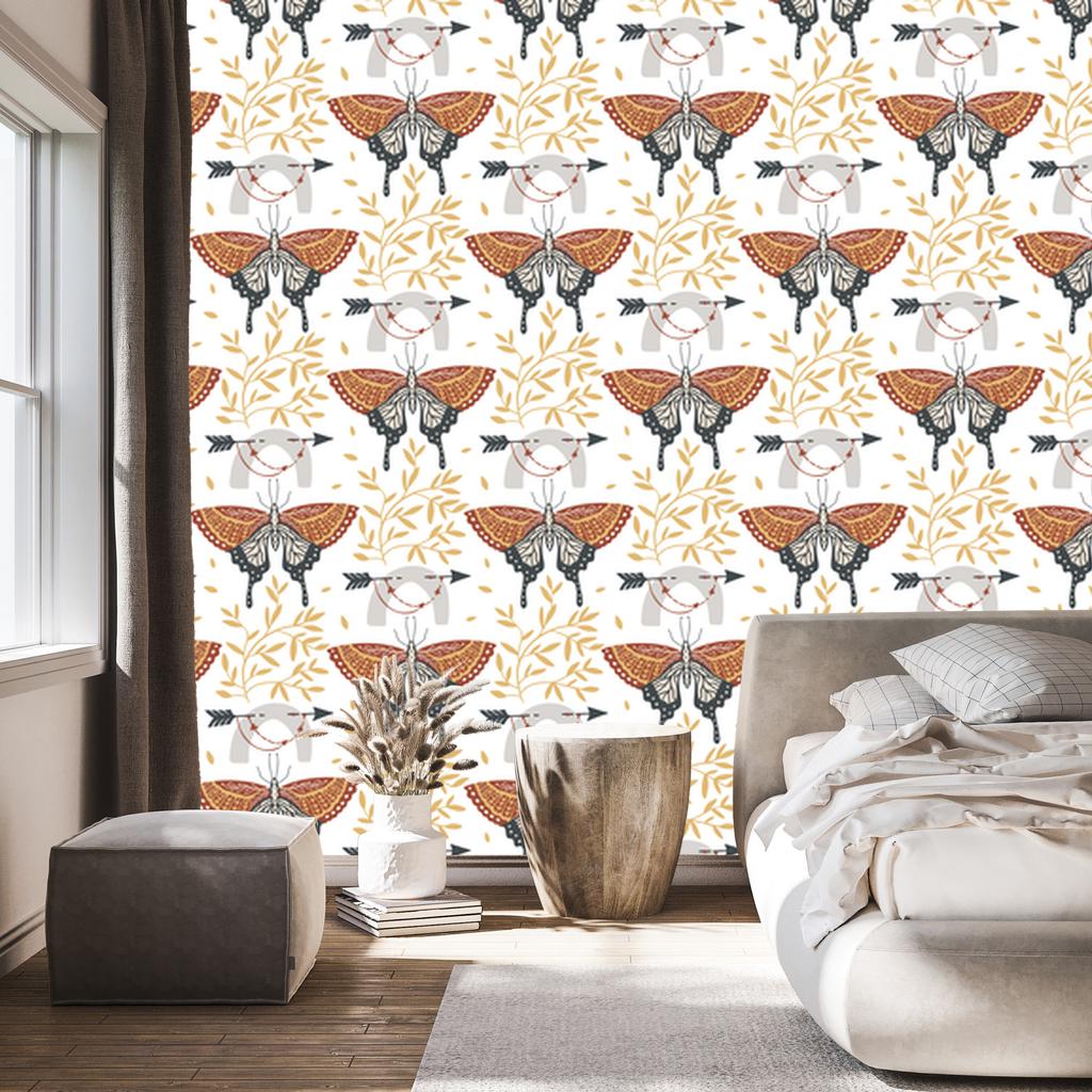 Rainbows and Butterflies Boho Wallpaper Cream and Orange for Living Room and Bedroom 50x1000