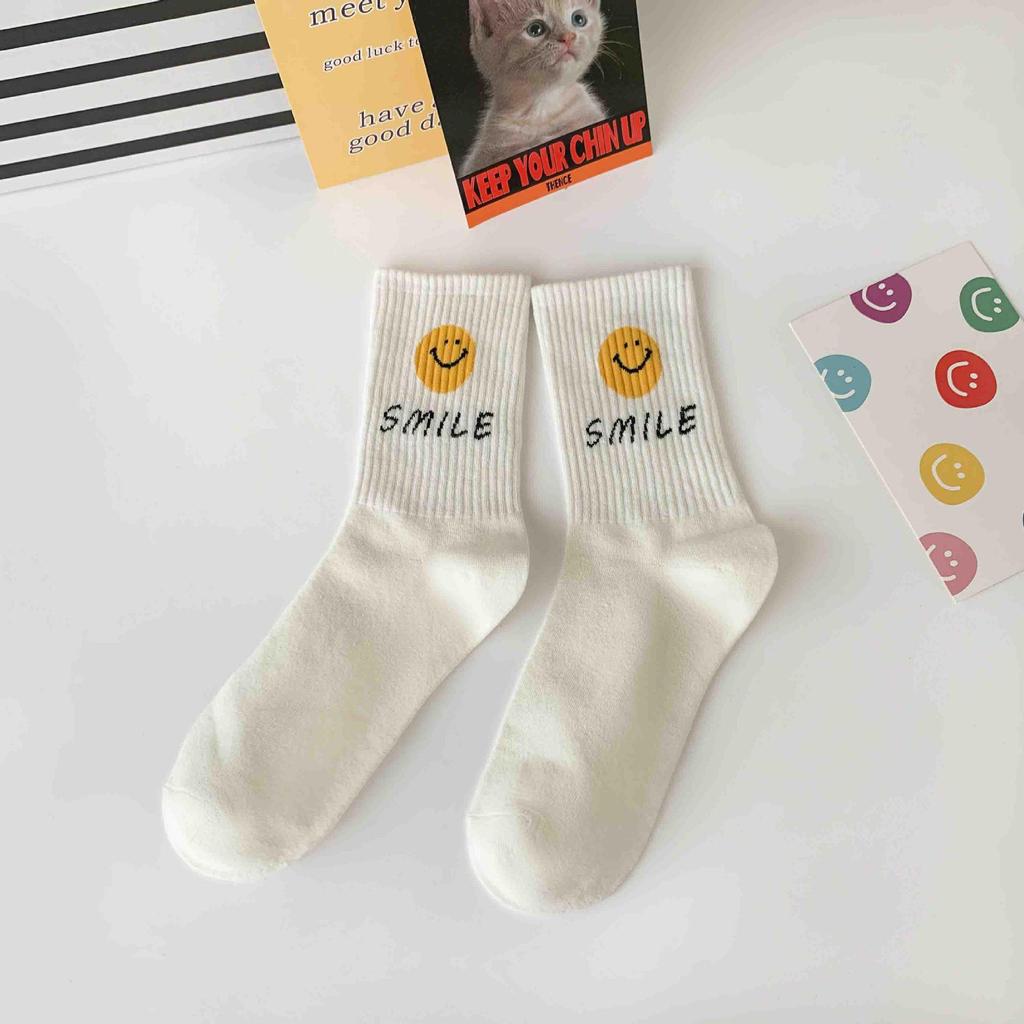 Korean Smiley Face Women's Mid-Calf Socks, Cute Japanese Style, Internet Trend, Pure Cotton for Spring, Autumn, Winter