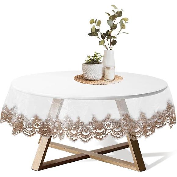 Clear Plastic Waterproof Tablecloth, Vinyl PVC Table Cloth with Lace Macrame, Lace Tablecloth for Round Tables, Vintage-Style Wedding Table Cloths