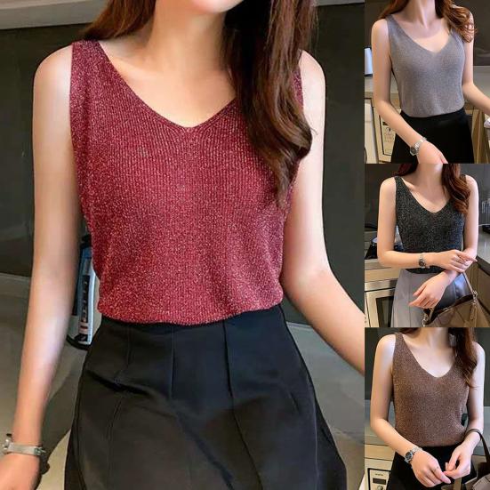 Dams sexiga enfärgade glänsande linne stickad V-ringning sommar smal passform väst